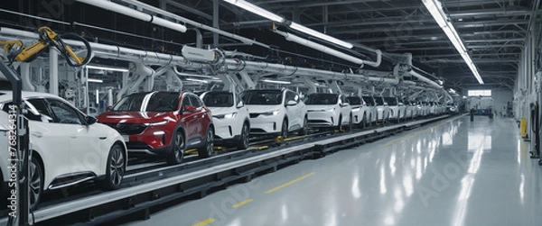 Fototapeta Automated robotics futuristic electric cars factory production line as wide banners with statistics of production and efficiency as wide banner with copy space area