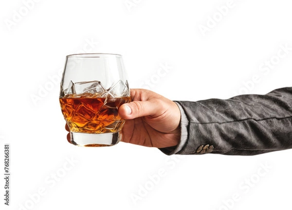 Fototapeta Side view of a hand holding a glass of whiskey on a transparent background.