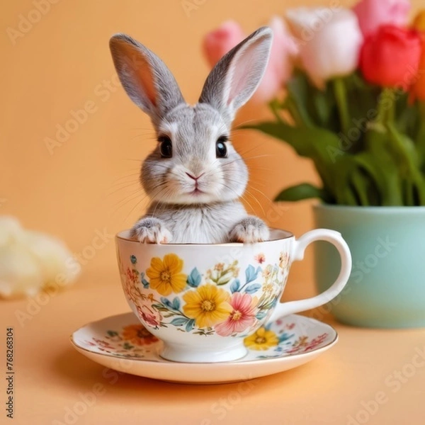 Fototapeta Cute rabbit sits in a cup of tea with flowers. Design concept for print, greeting cards, covers, happy easter day