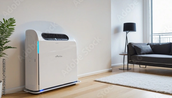 Fototapeta generic air purifier or AC controller unit mockup with modern bright Livingroom background 