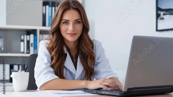 Fototapeta Cheerful girl sitting in front of desktop computer