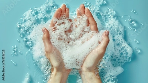 Fototapeta On a light blue background, hands are bathed in soap foam