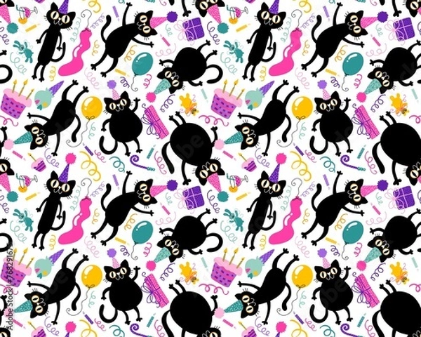 Fototapeta Birthday cartoon animals seamless cats pattern for wrapping paper and kids clothes print and party accessories