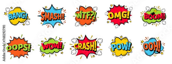 Obraz Emotions for comics speech bubble, set with text: Bang and Smash, Wtf and Omg, Boom and more. Vector cartoon explosions with different emotions isolated on white background.