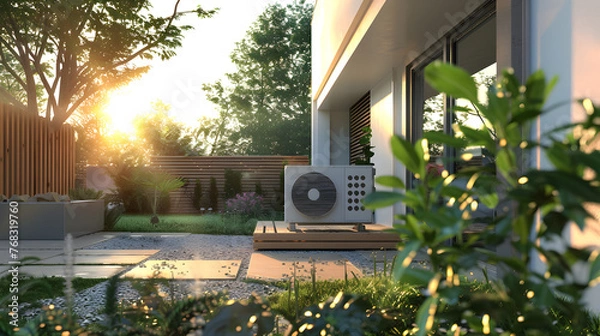 Fototapeta Modern, energy efficient air conditioning, energy saving solution in the backyard	
