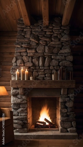 Fototapeta Rustic Hearth: Warmth and Tradition in a Cabin Fireplace
