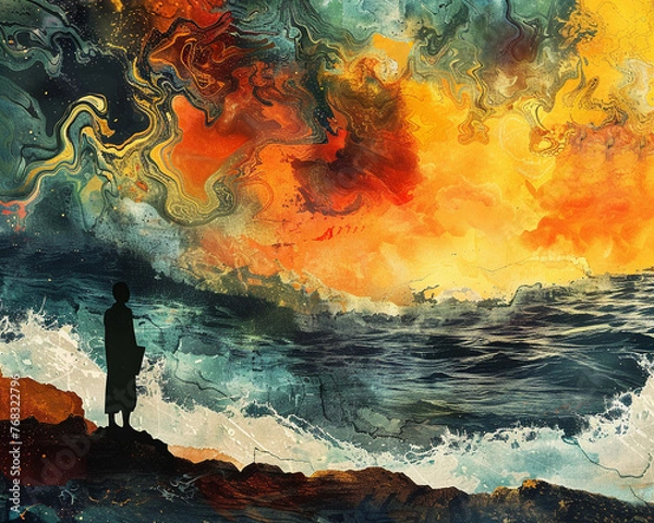 Obraz Mysterious Island, Tattered Journal, Courageous Sailor, Navigating tumultuous seas in pursuit of a lost civilization, Storm clouds loom ominously, Photography, Silhouette Lighting, Vignette