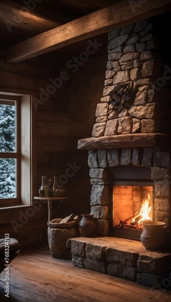 Fototapeta Rustic Hearth: Warmth and Tradition in a Cabin Fireplace