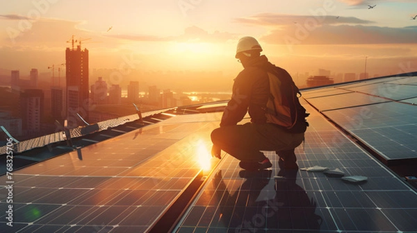 Fototapeta A handyman preparing to maintain solar panels on the rooftop. bridght, High Detail 