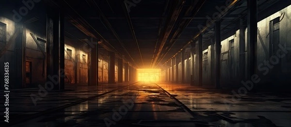 Fototapeta A dimly lit corridor stretches with a soft glow of light casting shadows towards the distant end