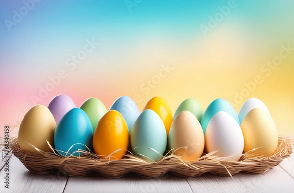 Obraz Many colorful eggs are on the table in a basket with straw on a rainbow background. An Easter card with an empty space for the text.