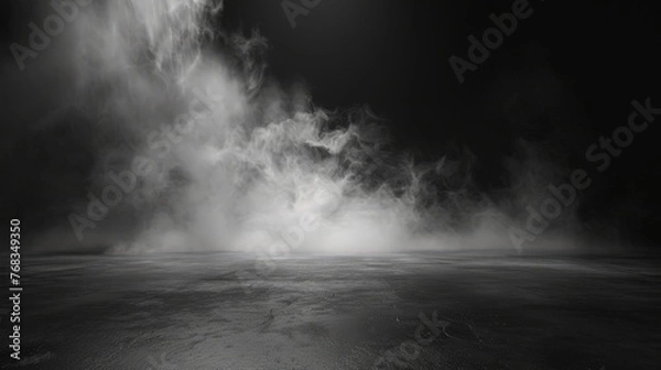 Fototapeta Abstract image of dark room concrete floor. Black room or stage background for product placement.Panoramic view of the abstract fog.