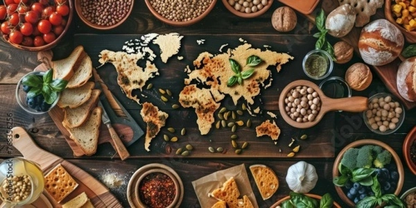 Fototapeta Table with a world map in the center and various foods around, concept of food from different countries