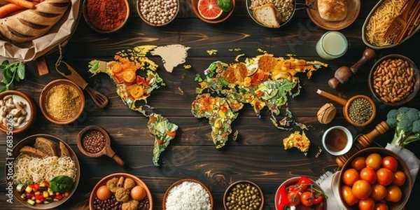 Fototapeta Table with a world map in the center and various foods around, concept of food from different countries