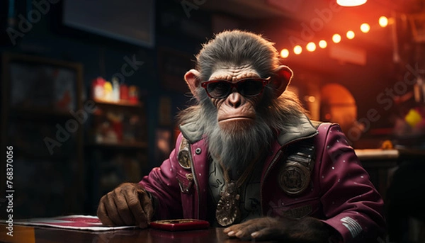 Fototapeta Smart monkey cyberpunk style wallpaper image created with a generative ai technology