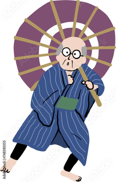 Fototapeta 着物を着て傘を持って歌舞伎のポーズをするおじいさん