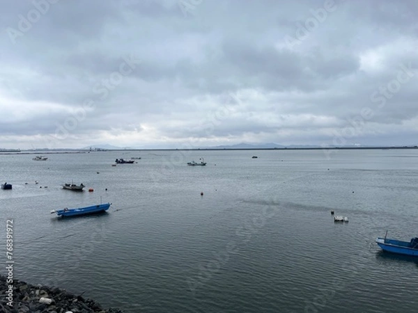 Fototapeta 잔잔한 바닷가 위 어업중인 어부들