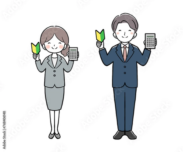 Obraz 電卓と初心者マークを持つスーツの女性と男性