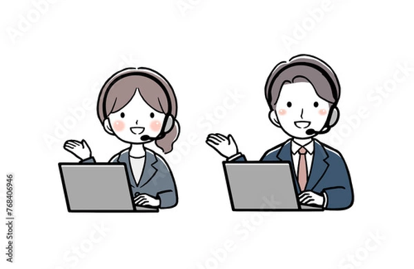 Obraz 案内をしてパソコンを使う男女のオペレーター