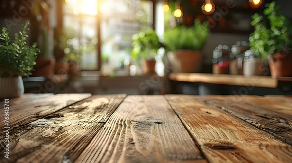 Fototapeta Closeup of Empty Wooden Table with Blurred Farmhouse Kitchen Background for Lifestyle and Home Decor Photography