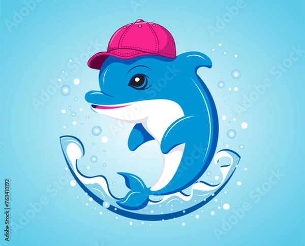 Obraz Cartoon cute blue dolphin in red baseball cap jumping out of the water with splashing and air bubbles. Playful design for logo, sticker, label. Vector image