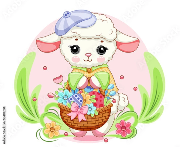 Obraz Easter sheep lamb in purple cap with basket of flowers against a backdrop of green grass. Clipart for greeting card, poster, postcard, birthday, easter. Vector illustration. 