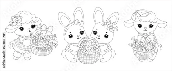 Fototapeta Cute animals set. Easter bunny and sheep with a basket. Hand drawn black and white outline drawing for coloring book. Isolated design element. Vector illustration.