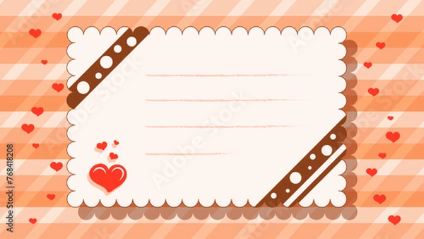 Fototapeta Postcard with heart and ribbon border in shape of a postage stamp on checkered background. Blank space for text. Template greeting card, invitation, banner, social media post. Vector illustration