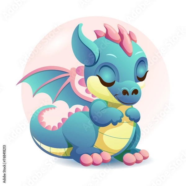Obraz Handdrawn green blue cute baby dinosaur cartoon dino or baby dragon with wings dreaming with his eyes closed on white background. Isolated design element. Vector illustration