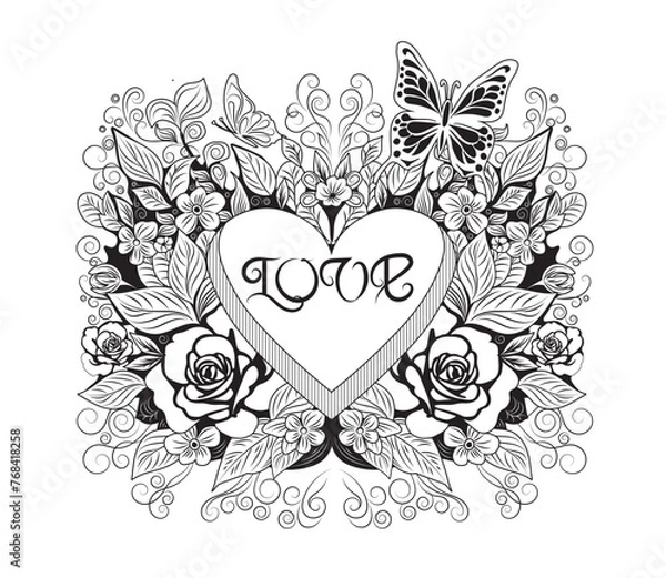 Fototapeta Drawing of a heart with the word Love written on it decorated with flowers and butterflies. Black and white outline graphic. Vector  illustration