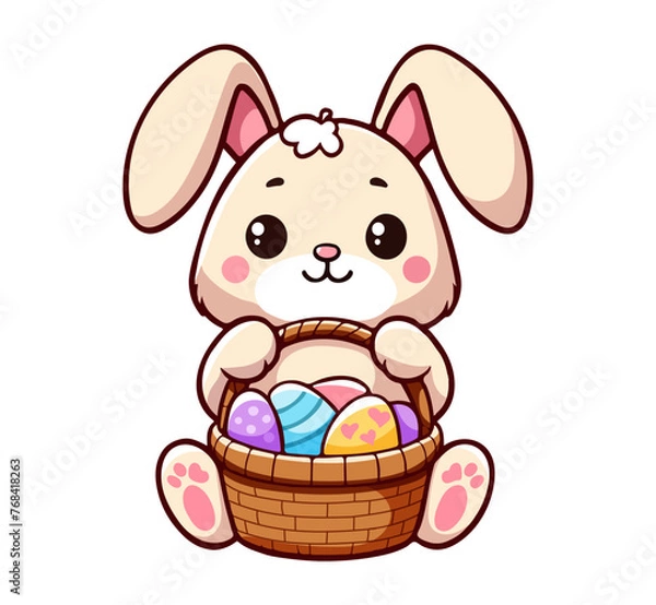 Fototapeta Easter bunny rabbit with basket of easter eggs. Sticker design greeting card, postcard, easter. Isolated design element on white background. Vector illustration. 