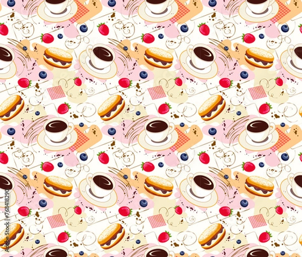 Obraz Seamless pattern of pastry and drink items. Coffee cup, donut, eclair and strawberry on white background. Design wallpaper, packaging, wrapping paper, textiles, fabric, menu, birthday party, bakery.