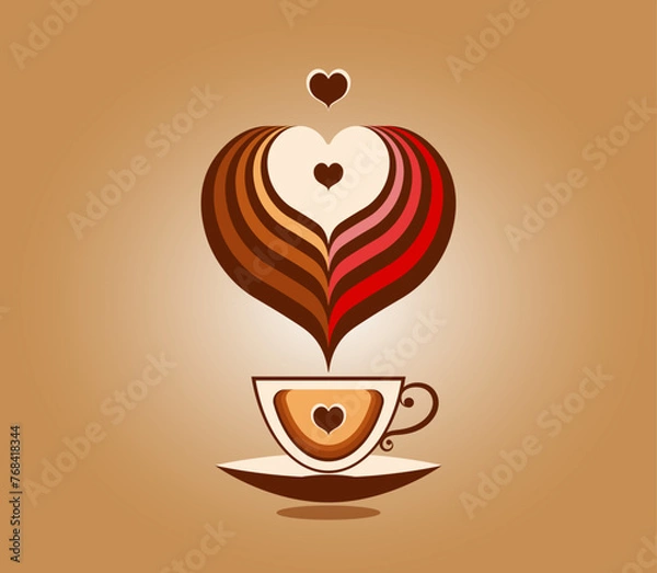 Obraz Coffee cup with heart on it and swirls steam in a heart shape on top. Design for coffee shop, menu restaurant, logo. Vector illustration