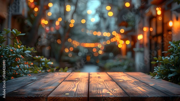 Fototapeta Empty Wooden Table Surface Closeup with Blurred Urban Street Market Background for Studio Photography