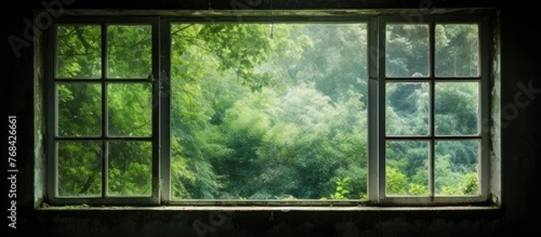 Fototapeta Through the window, a detailed close-up reveals a serene view of a lush forest with tall trees and greenery