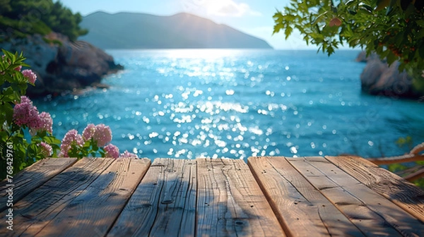 Fototapeta Tranquil Empty Wood Table Surface with Blurred Mediterranean Seaside Background for Photo description:This image depicts an empty wooden table