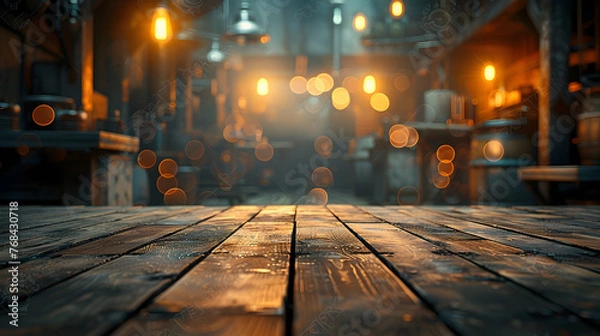 Fototapeta Weathered Wooden Table with Steampunk-Inspired Blurred Backdrop