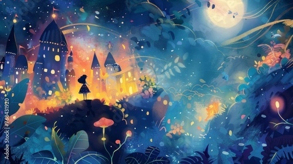 Fototapeta Whimsical event ticket design with a fairytale theme and dreamy illustrations for a childrens theater production.