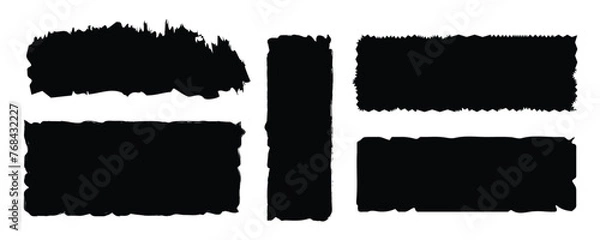 Fototapeta Rough edge rectangle shape collage. Paper torn, jagged edge rectangle frame set. Grunge, old vintage black border collage. Black ripped papers silhouettes with white artboard.