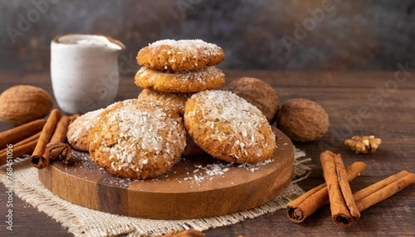 Fototapeta Round Homemade Cookies with Cinnamon and Coconut on a Wooden Board