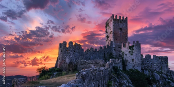 Fototapeta A breathtaking view of the sun setting over the ruins of an ancient, vine-covered fortress with majestic towers