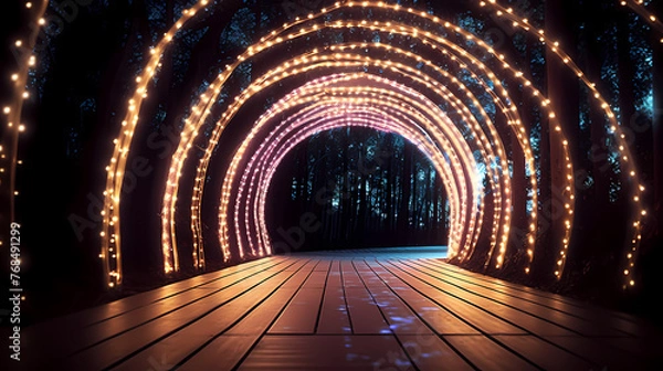 Fototapeta Empty street with a tunnel of string lights