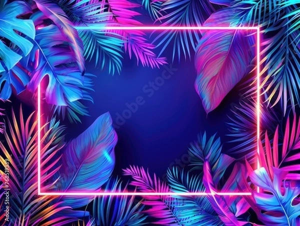 Fototapeta Image portraying a summer background, framed by a glowing neon border and highlighted with fluorescent tropical leaves, The vibrant neon colors bring a dynamic to the natural tropical elements. AI