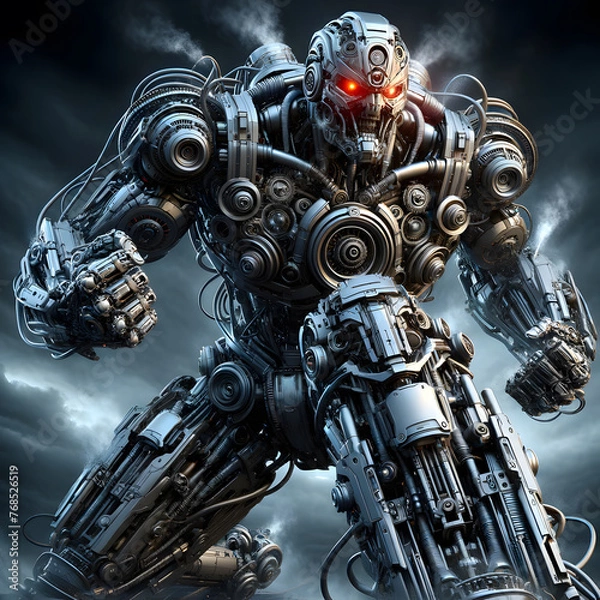 Obraz Humanoid robot, steel robot, angry robot, angry robot, dangerous robot, destroyer, eraser