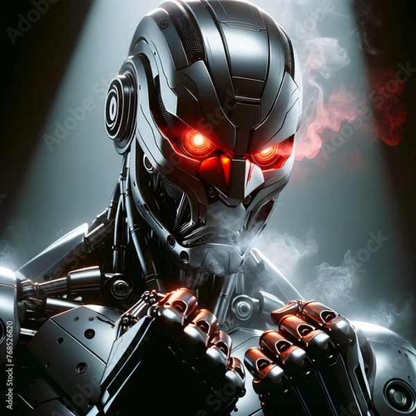 Obraz Humanoid robot, steel robot, angry robot, angry robot, dangerous robot, destroyer, eraser