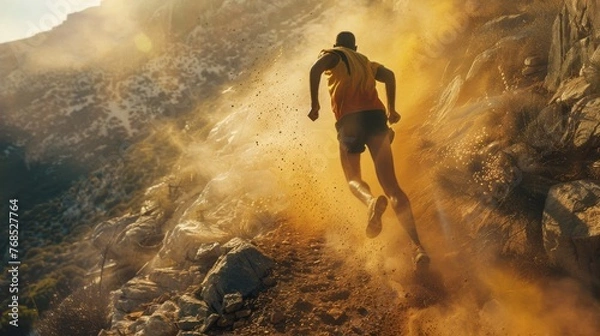 Obraz Back view of a runner on a rugged mountain trail at sunset with flying dust.