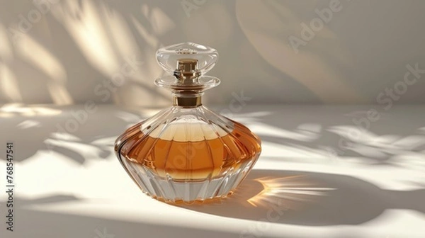 Fototapeta Ornate glass perfume bottle casting soft shadows