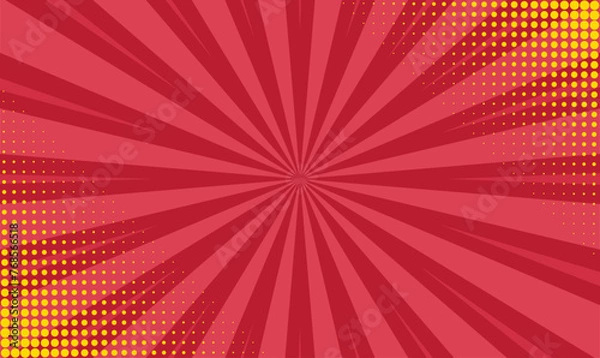 Fototapeta Cartoon pop art sunburst effect with dots. background. Red and yellow comic pattern with starburst and halftone. Vintage sunshine texture banner. Vector illustration.