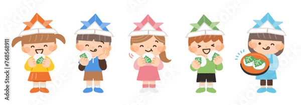 Fototapeta こどもの日に柏餅を食べる子供たちのイラスト素材