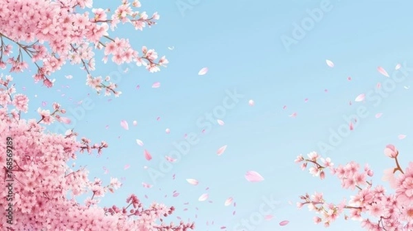 Fototapeta The vibrant blue sky and fluffy clouds provide a backdrop for the cherry blossom branches, with petals scattered in the air.